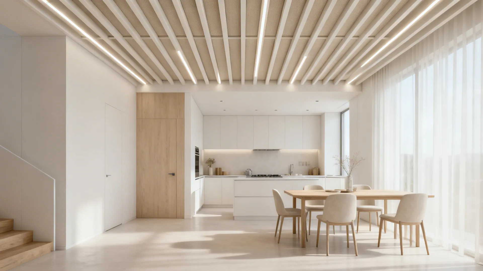 Open-plan kitchen with slender POP beams, micro-recess LEDs, and concealed acoustic treatment.
