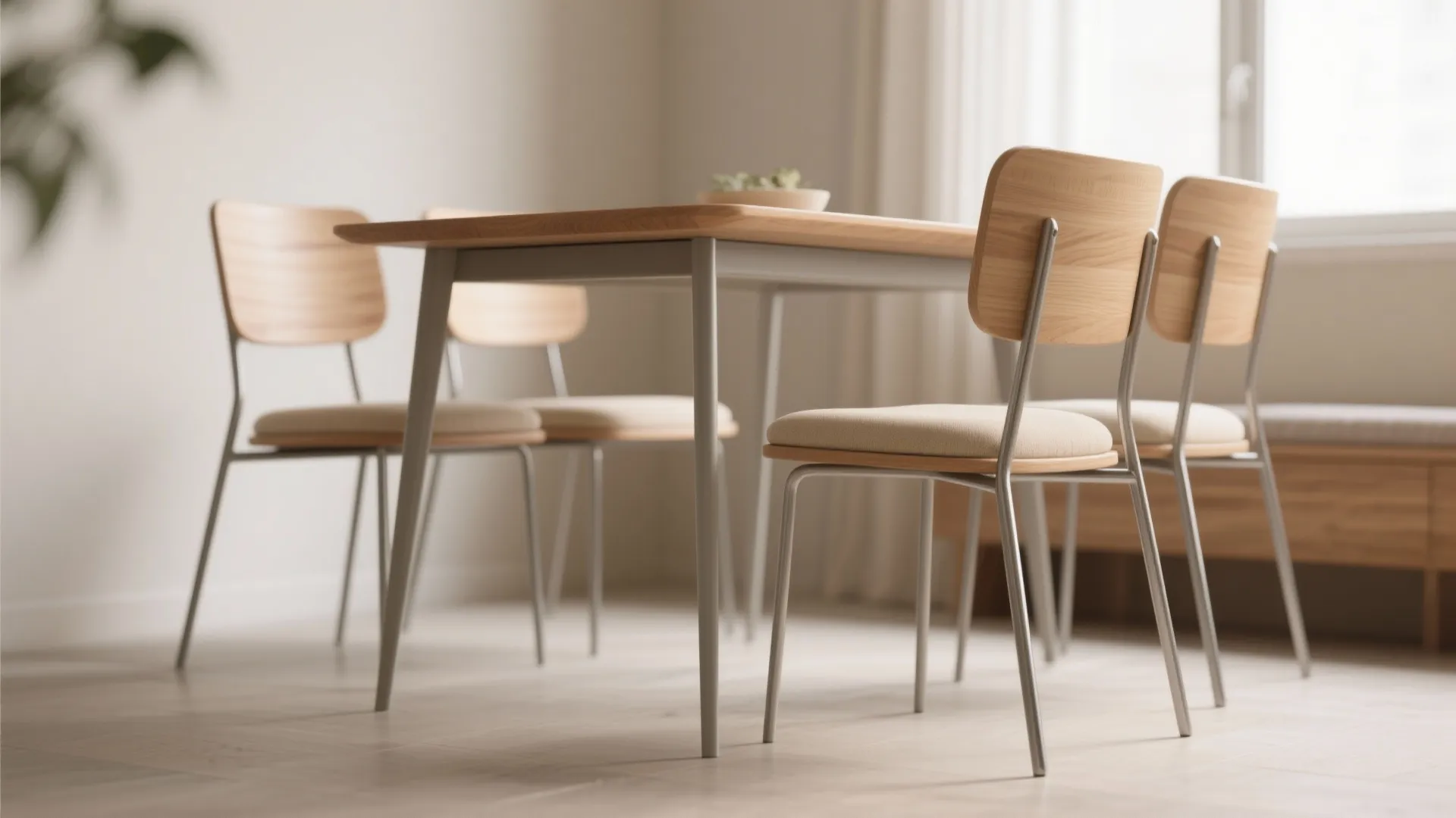 Slim dining chairs with metal legs and tapered wood frames around a small table, showing airy silhouettes.