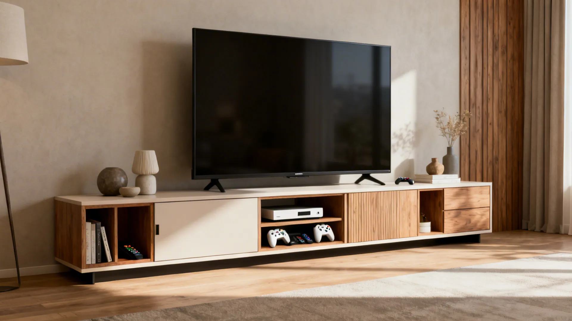 Low slender console under a 50-inch TV with mixed open and closed storage