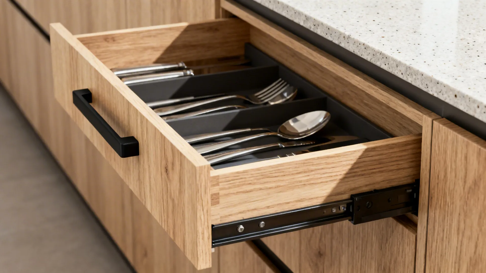 Macro of slim soft-close drawer with 18 mm box under a thin stone countertop.