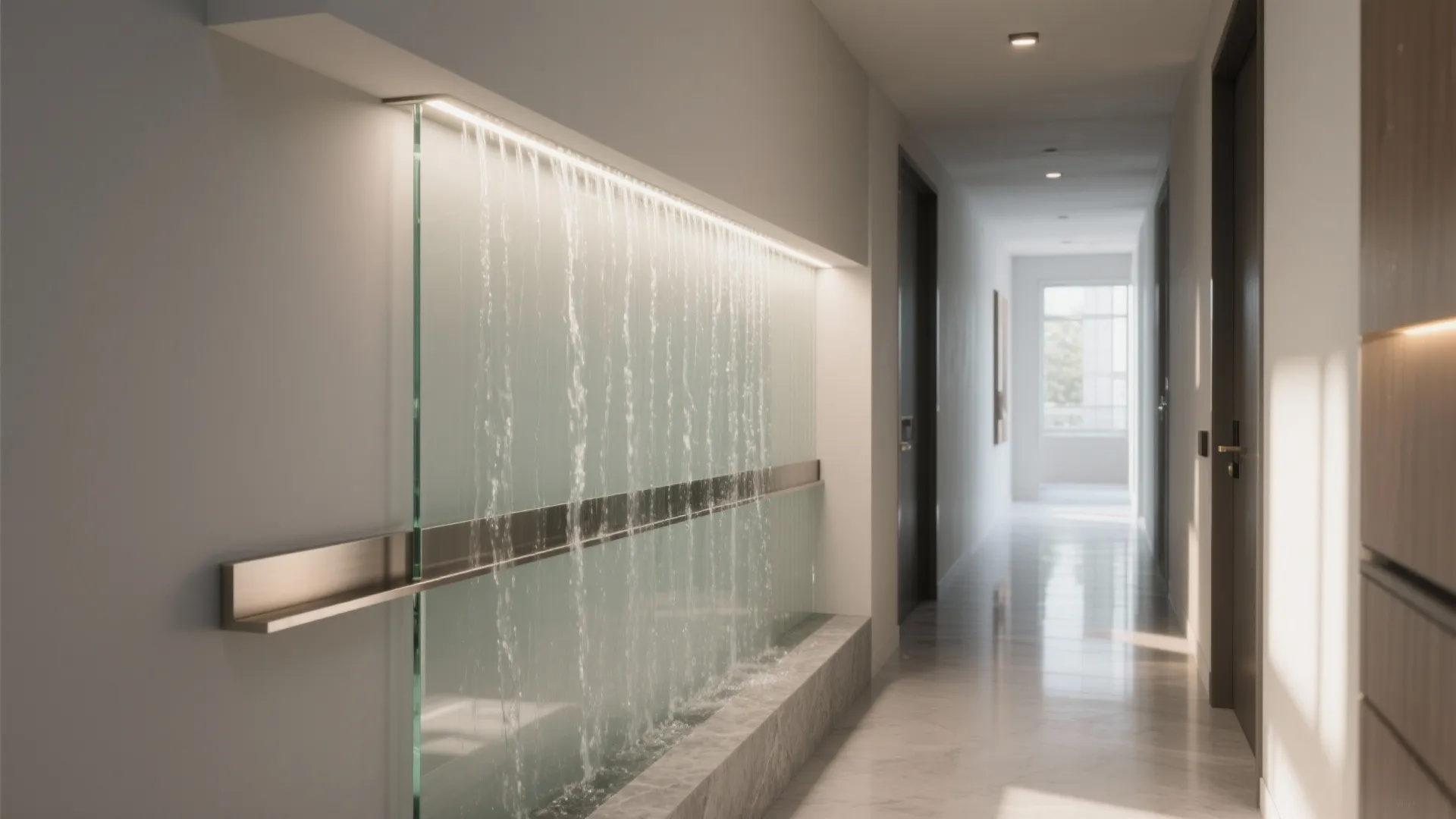 Slender Glass Water Wall for Tight Entries