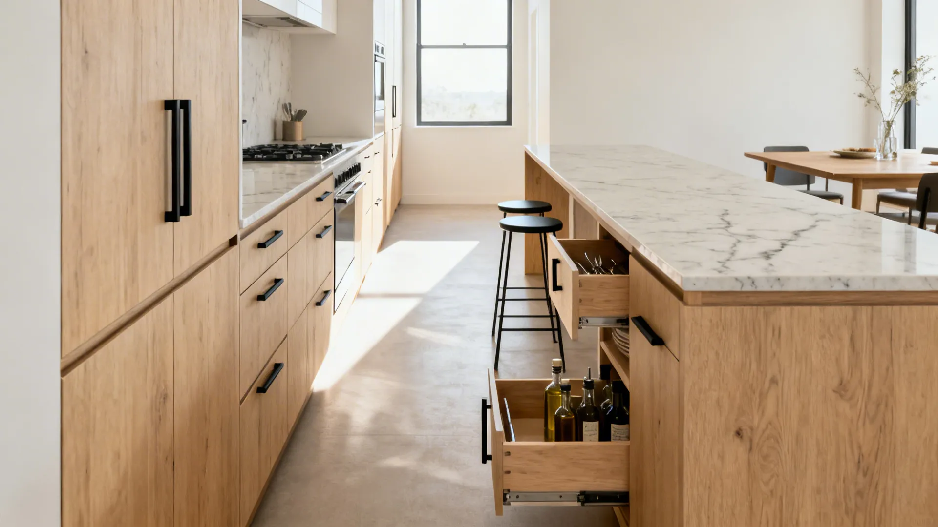 Slender island-table in a narrow galley kitchen with slim drawers and clear 36-inch aisles.
