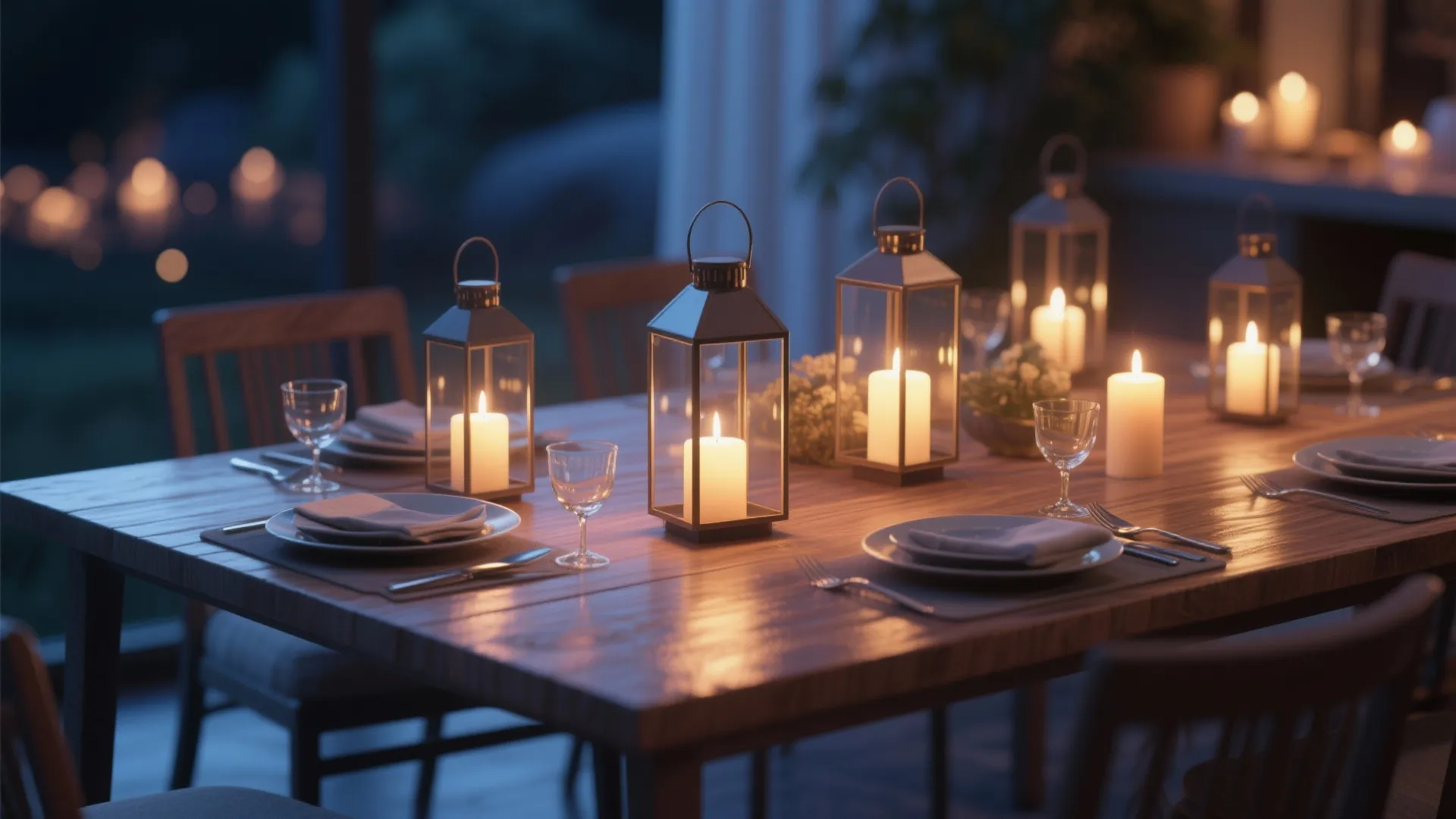 Wooden dining table set for dinner with several black metal lanterns and warm white candles