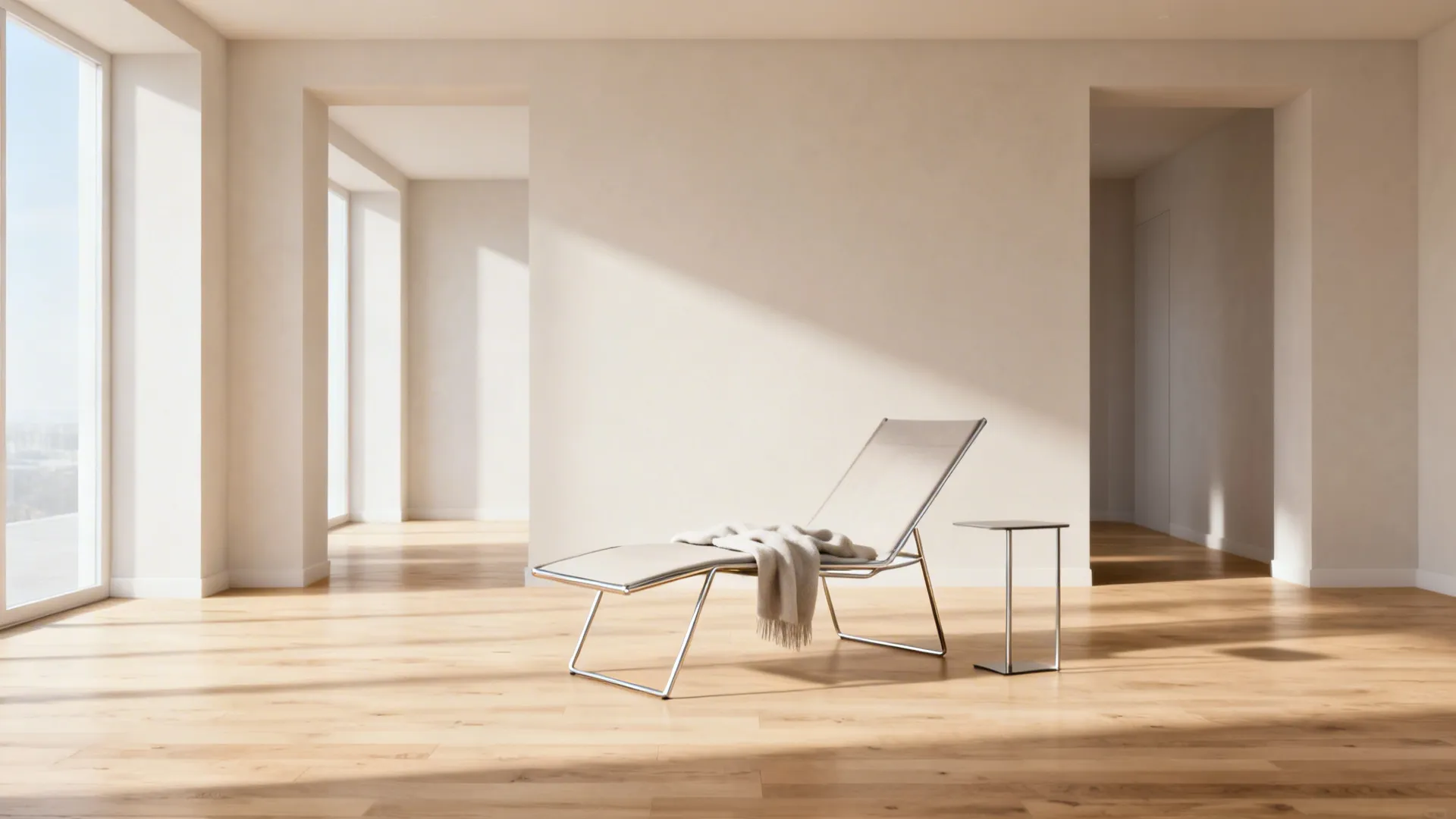 Slender metal frame lounge chair with slim legs and a side table in a bright loft corner.