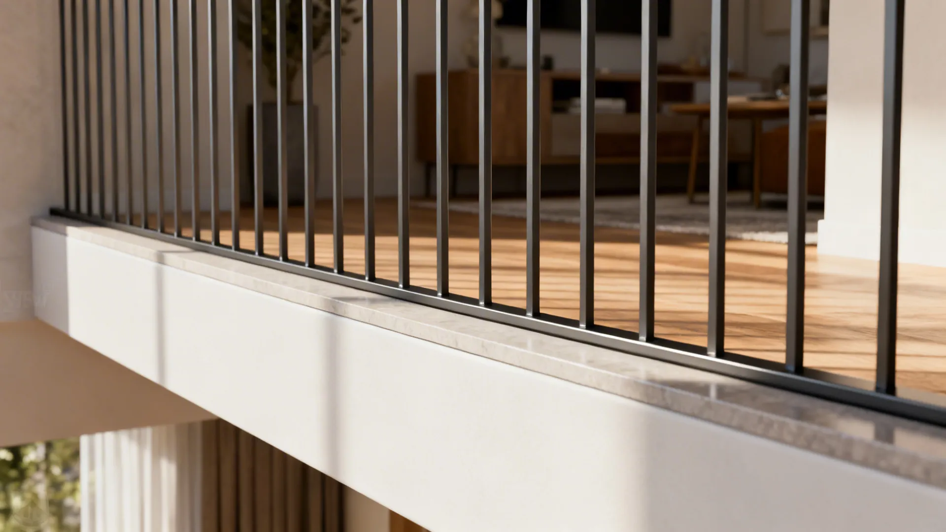 Low-profile metal railing on split-level edge preserving openness and safety.