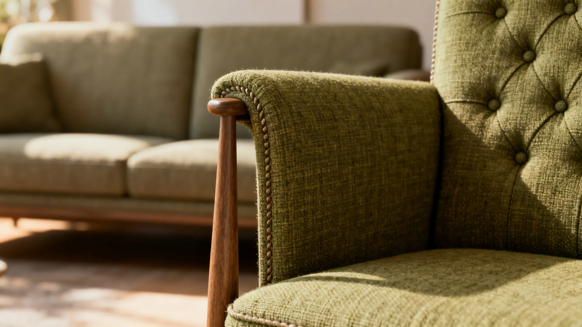 Slender armchair with subtle tufting and slim arms in a mid-century modern setting.