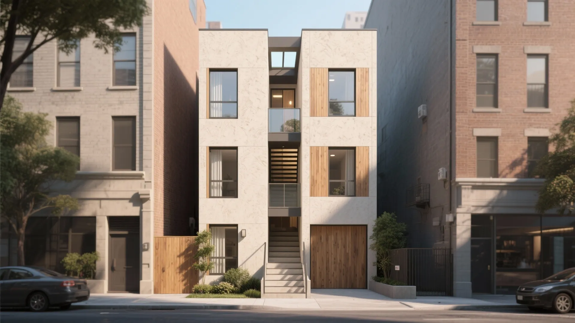 Modern white three-story house exterior with wooden shutters garage door and stairs between brick buildings