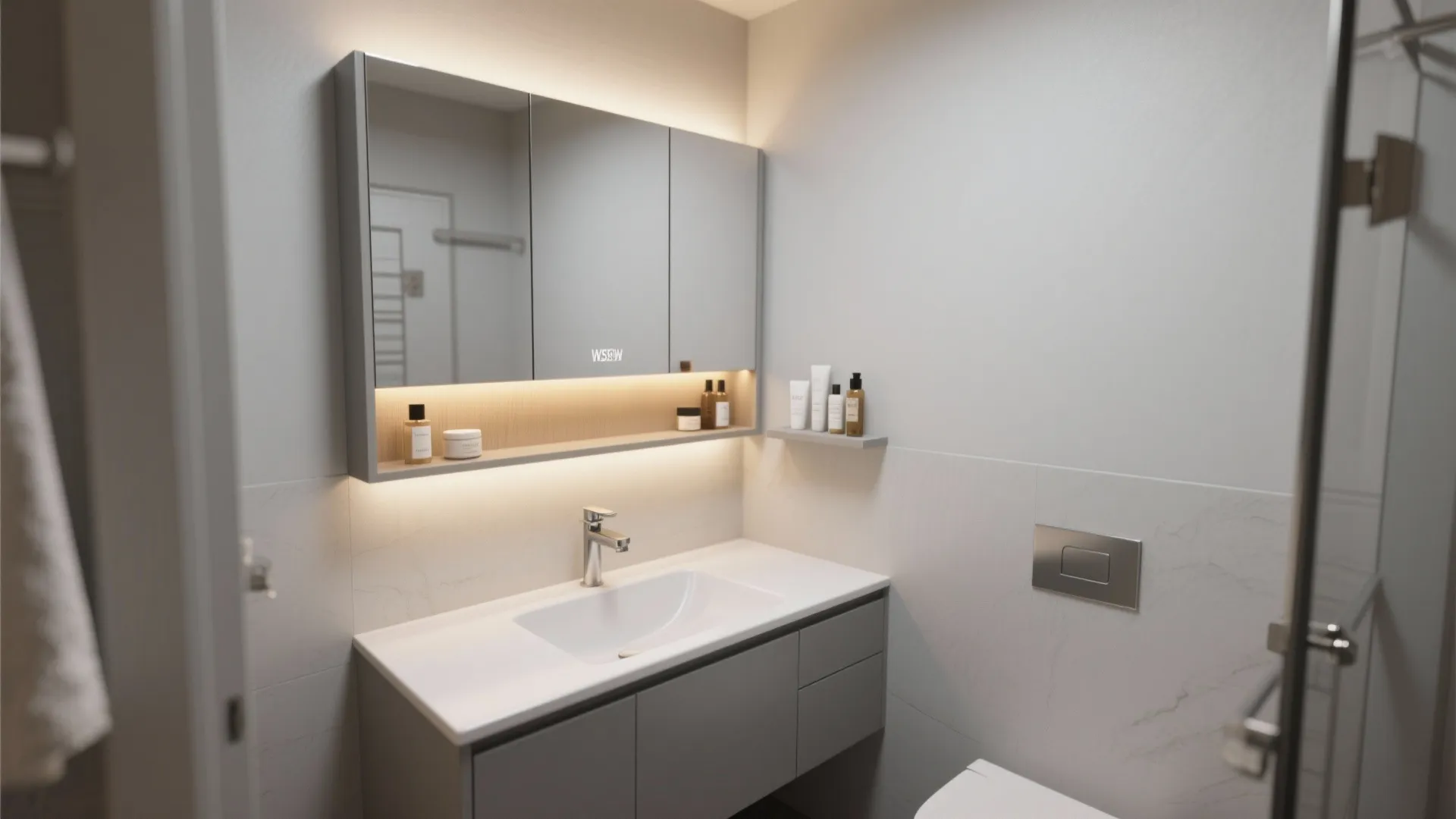 Slender vanity shelves and mirror cabinets