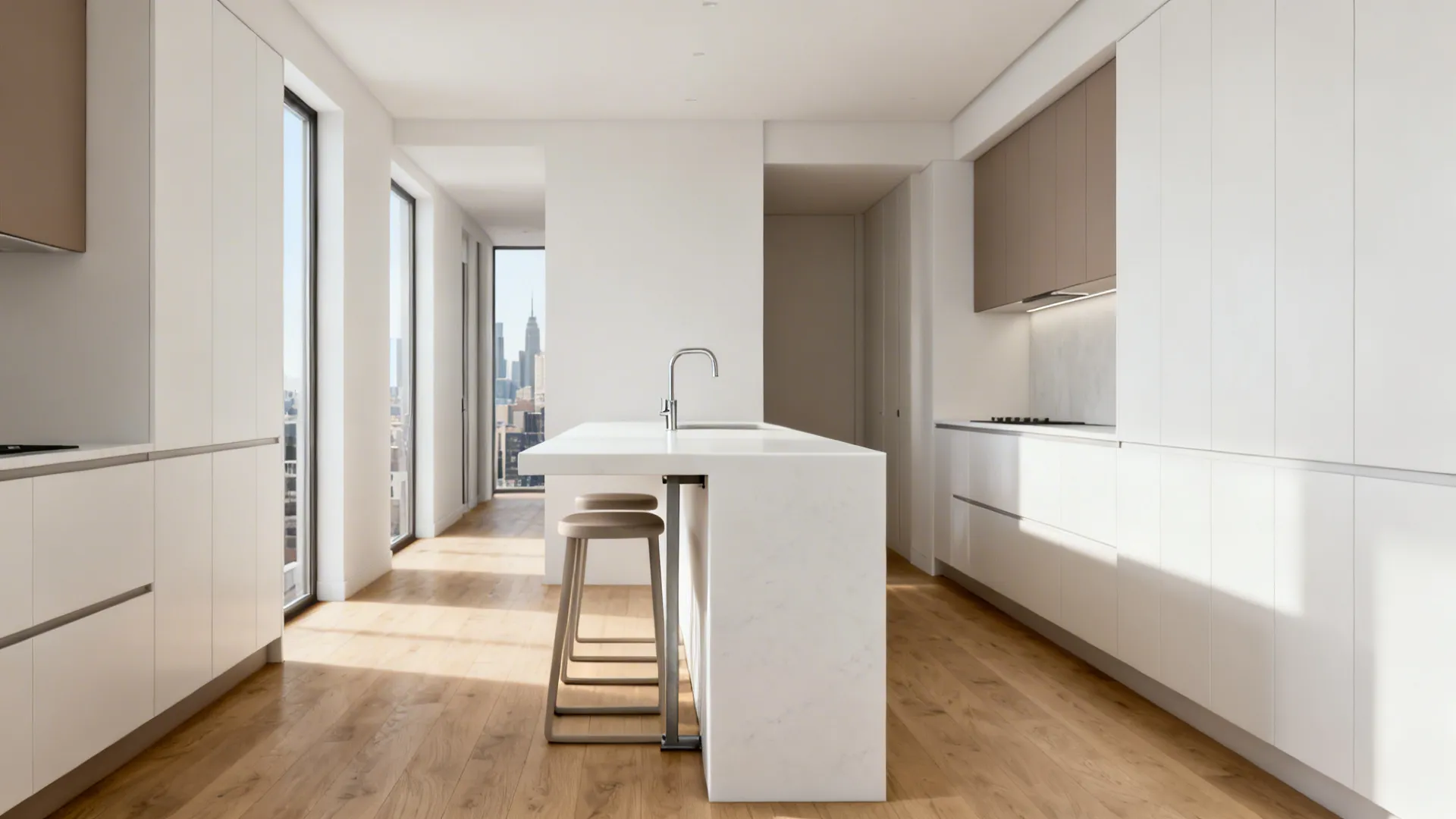 Slim porcelain waterfall-edge island with backless stools tucked under in a narrow galley kitchen.
