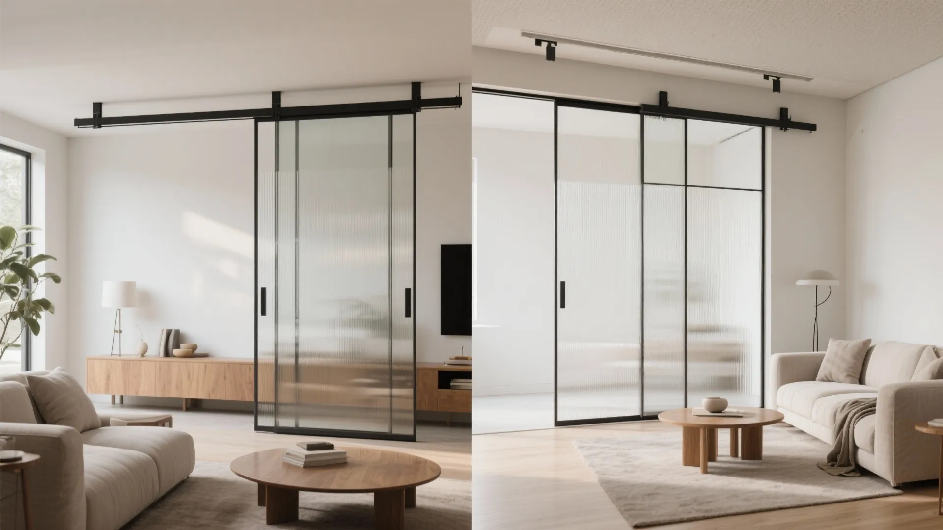 Comparison showing two different sliding glass door designs in a bright modern living room interior