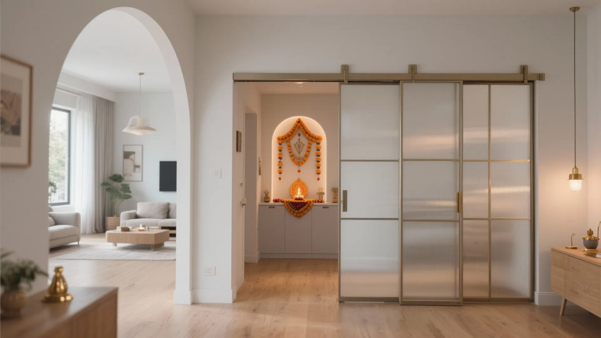 Soft-entry arch with sliding doors for multi-use rooms