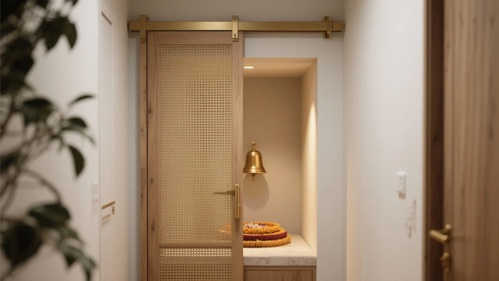 Modern sliding wooden door with woven mesh screen opening to a room with brass bell