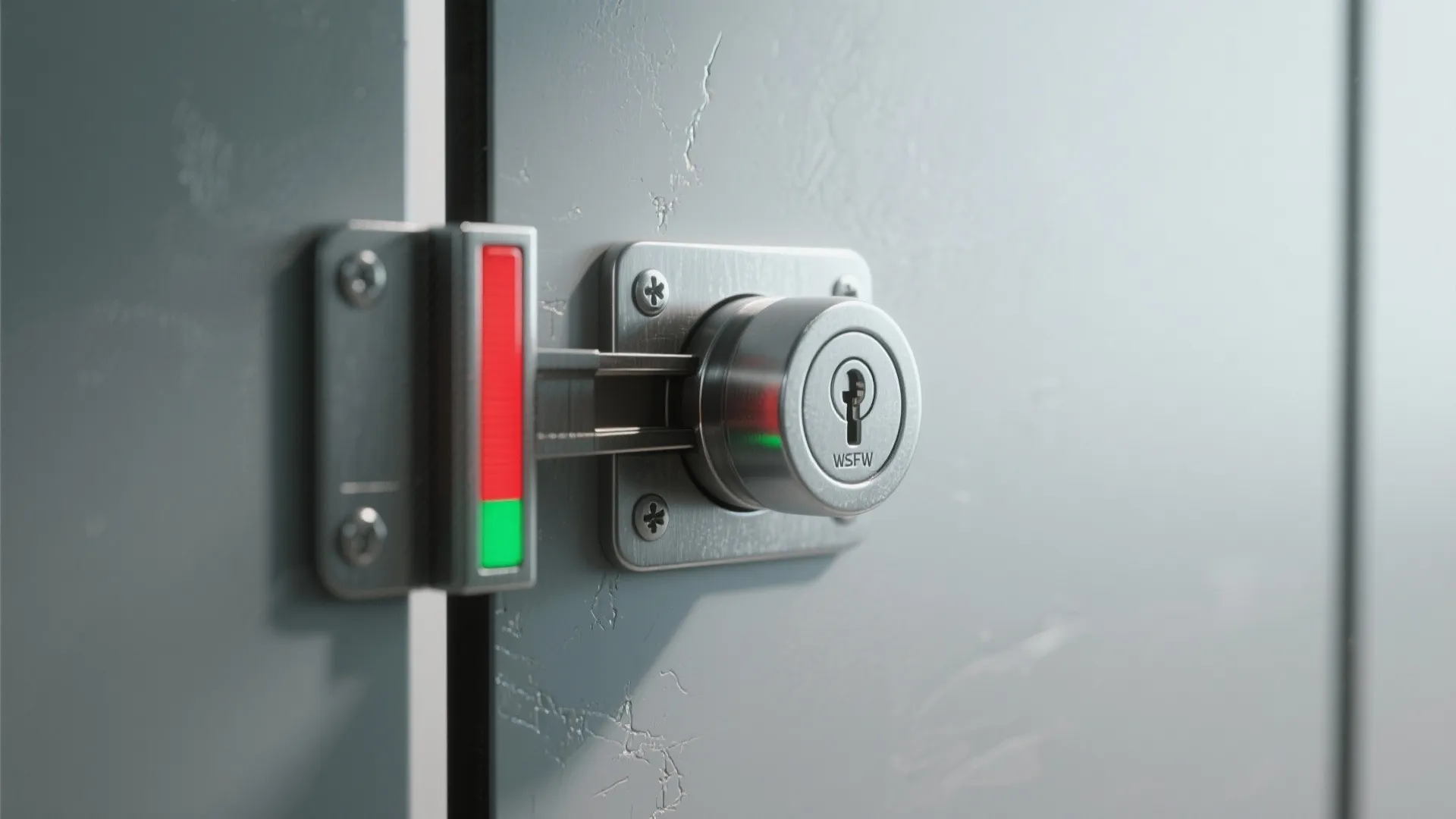 Close-up of a slide bolt lock with red/green occupancy indicator on a matte restroom door.