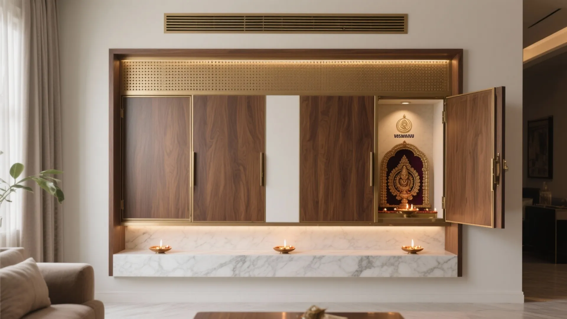 Slide-Away Pooja Cabinet Within the TV Wall