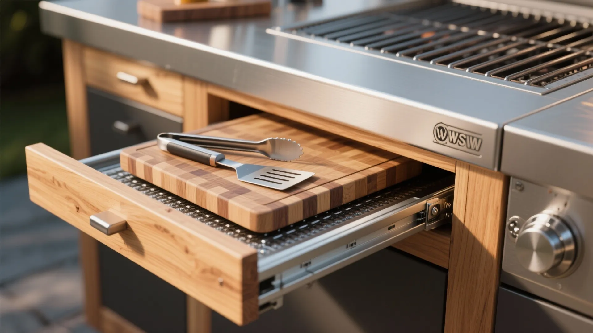 Outdoor kitchen island with open wooden drawer holding a cutting board and metal grilling tools