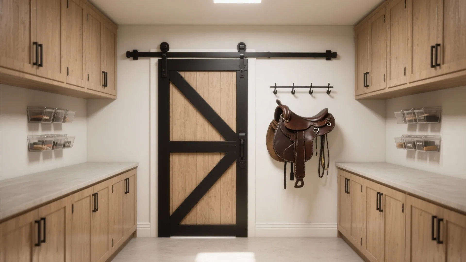 Wooden storage room featuring a large sliding door with black frame and hanging horse saddle