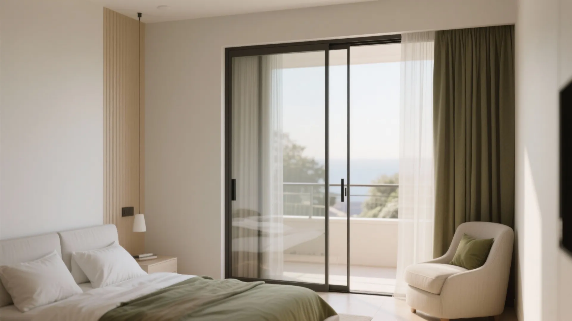 Modern bedroom featuring large sliding glass doors green curtains and a comfortable armchair with pillow