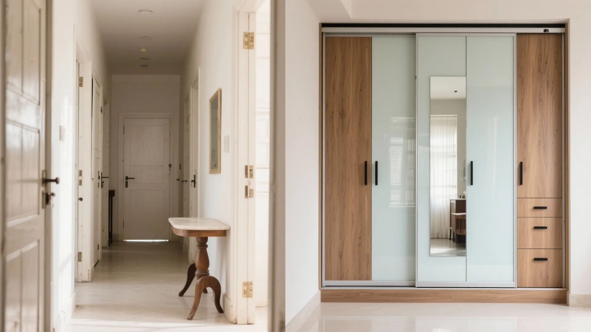 Long white hallway leading to a sliding door wooden cabinet with mirror and small wooden table