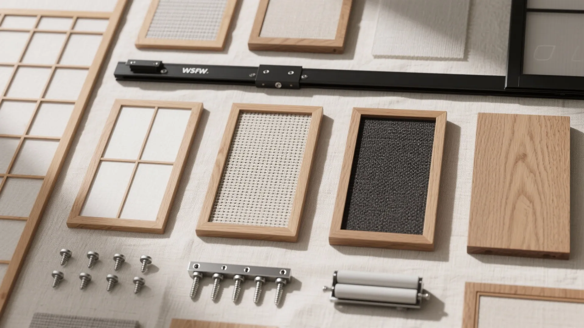 Flat lay of shoji paper, woven fabric, oak frame samples, black tracks, and soft-close rollers.