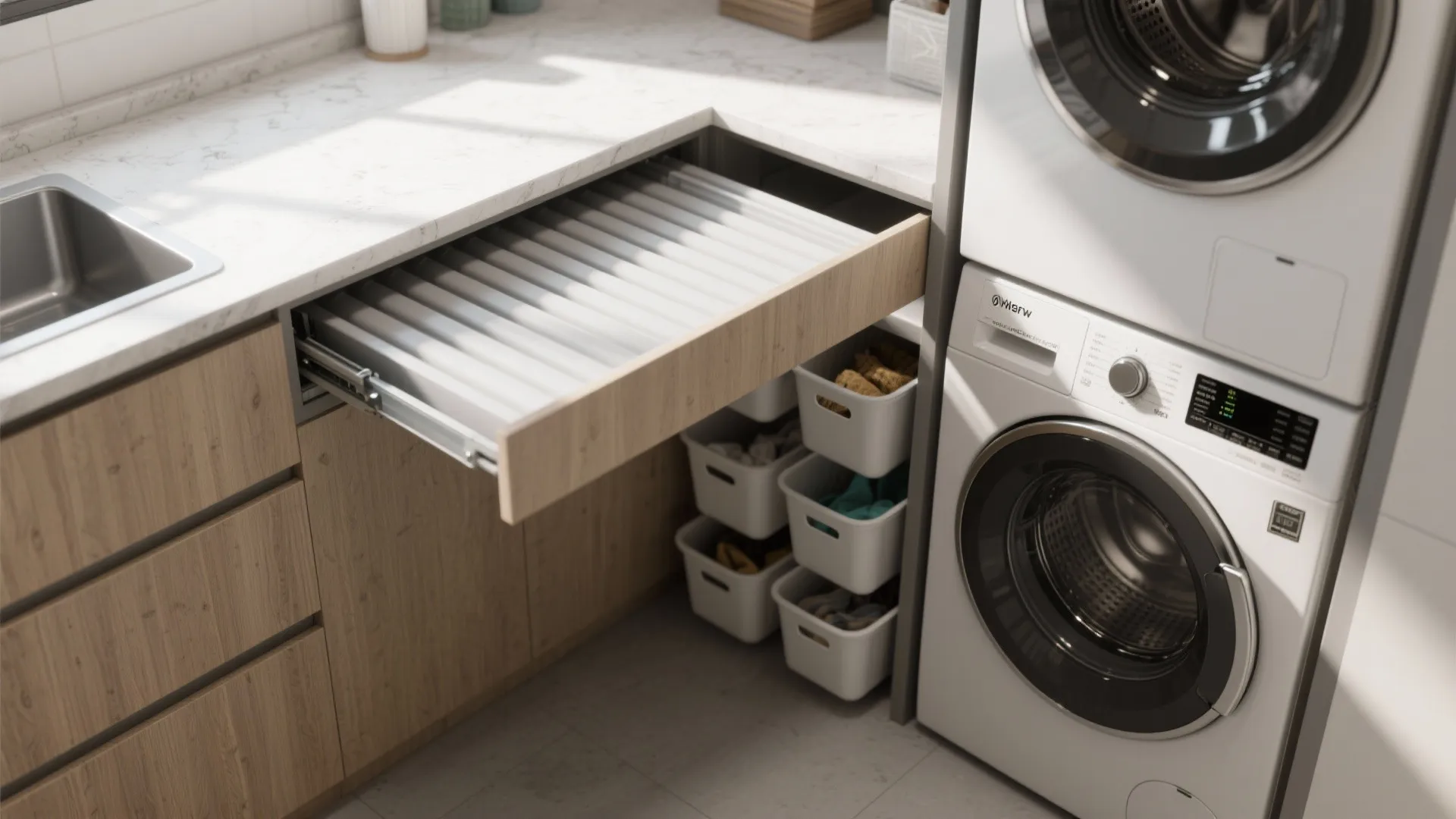 Top-down view of a fold-down counter, slide-out shelf and pull-out baskets in a compact laundry closet.