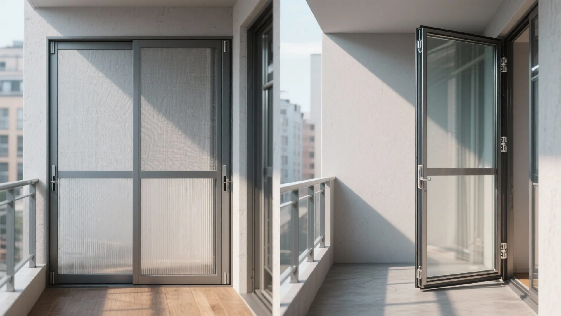 Side by side comparison of a closed sliding door and an open glass balcony door