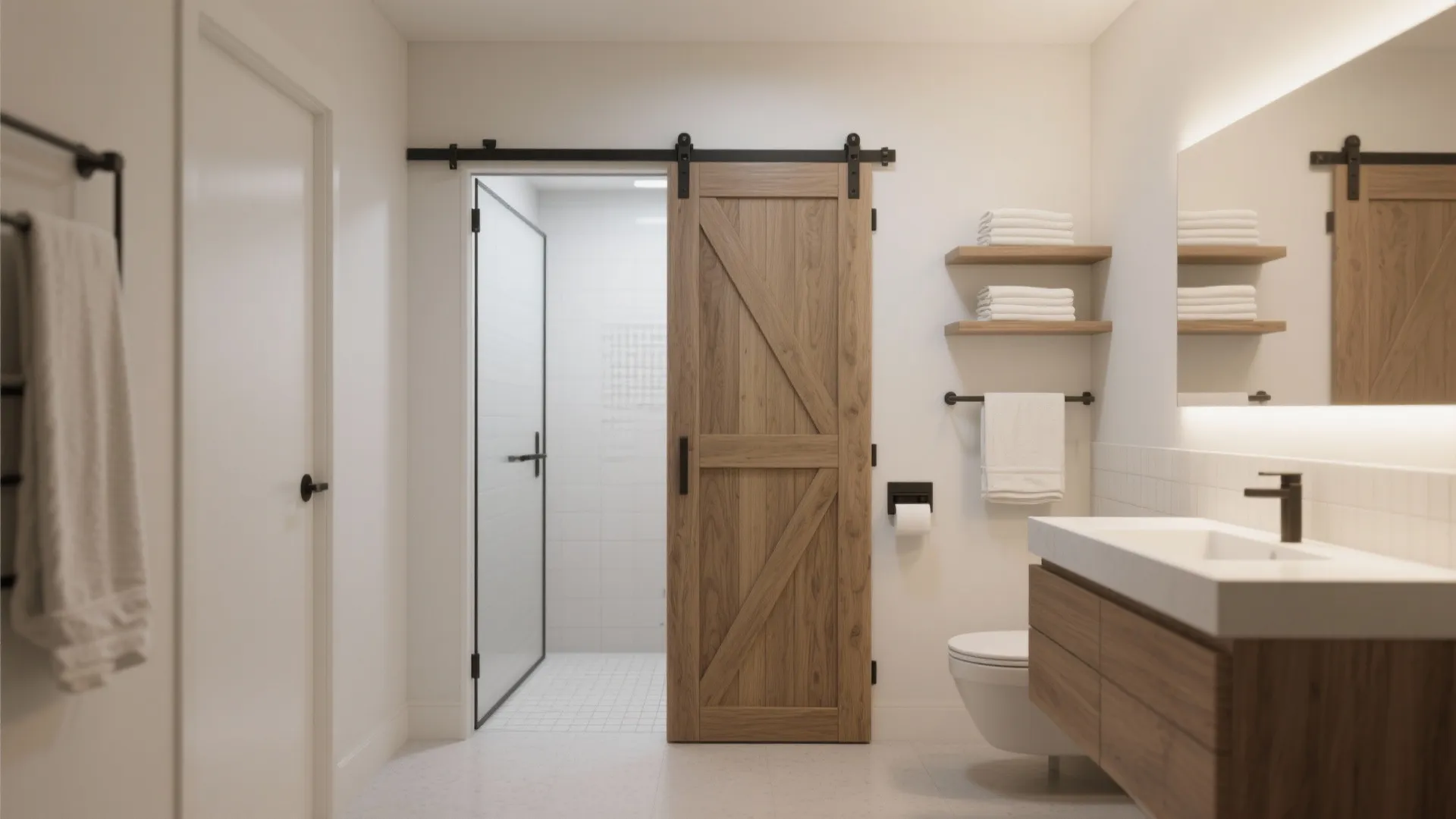 Small bathroom with a pocket door and bi-fold linen door freeing up wall space for storage.