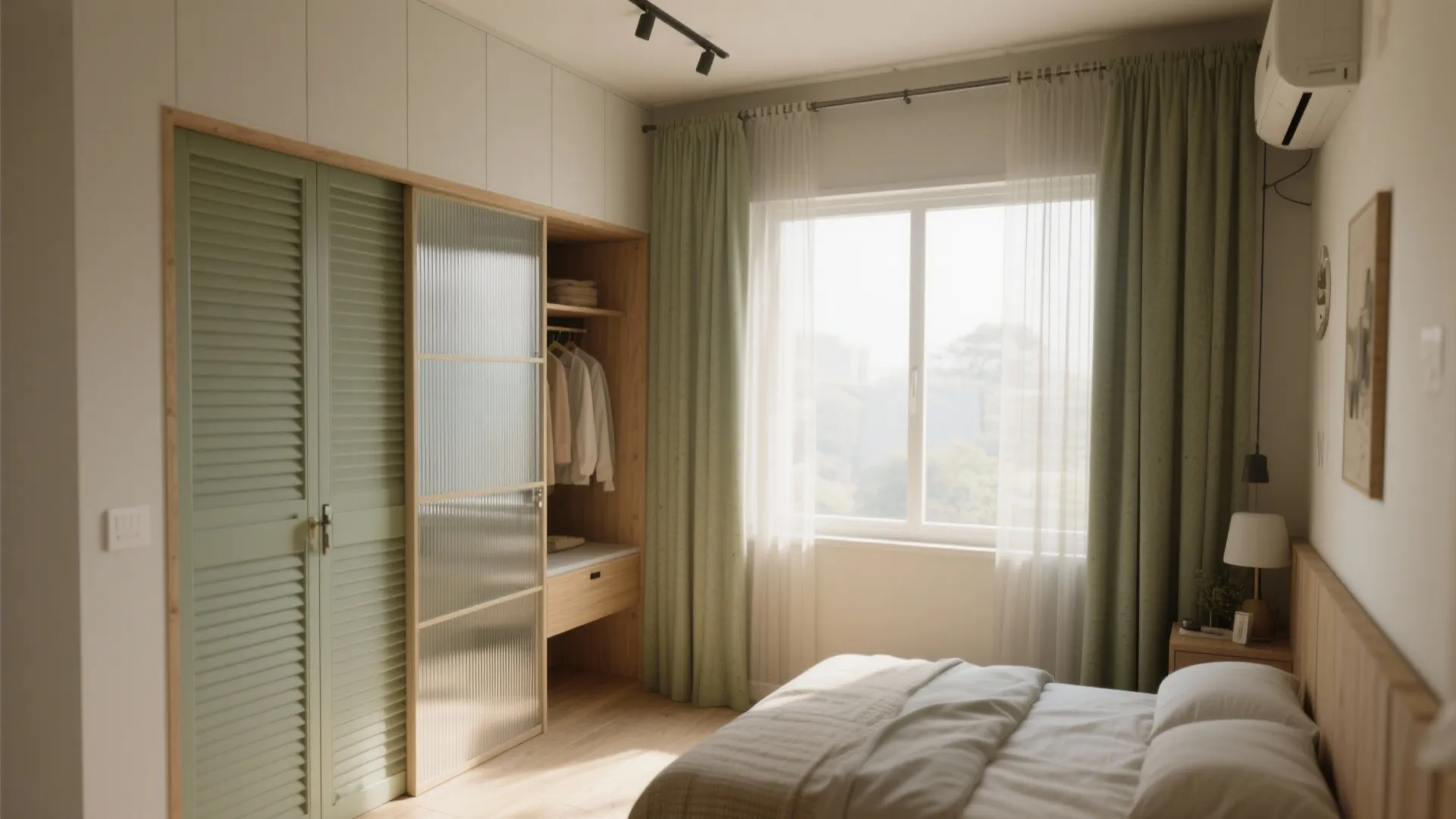 Bright bedroom with green curtains wooden sliding door closet white bed and large window view