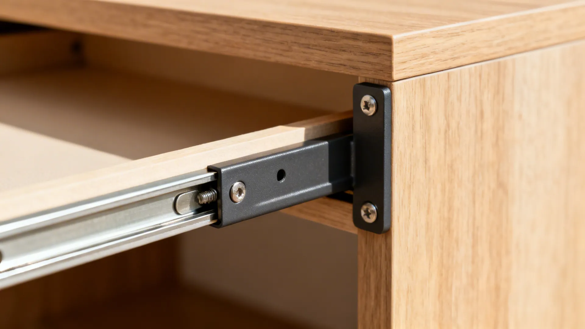 Close up of metal drawer slide rail attached to a wooden cabinet with small silver screws