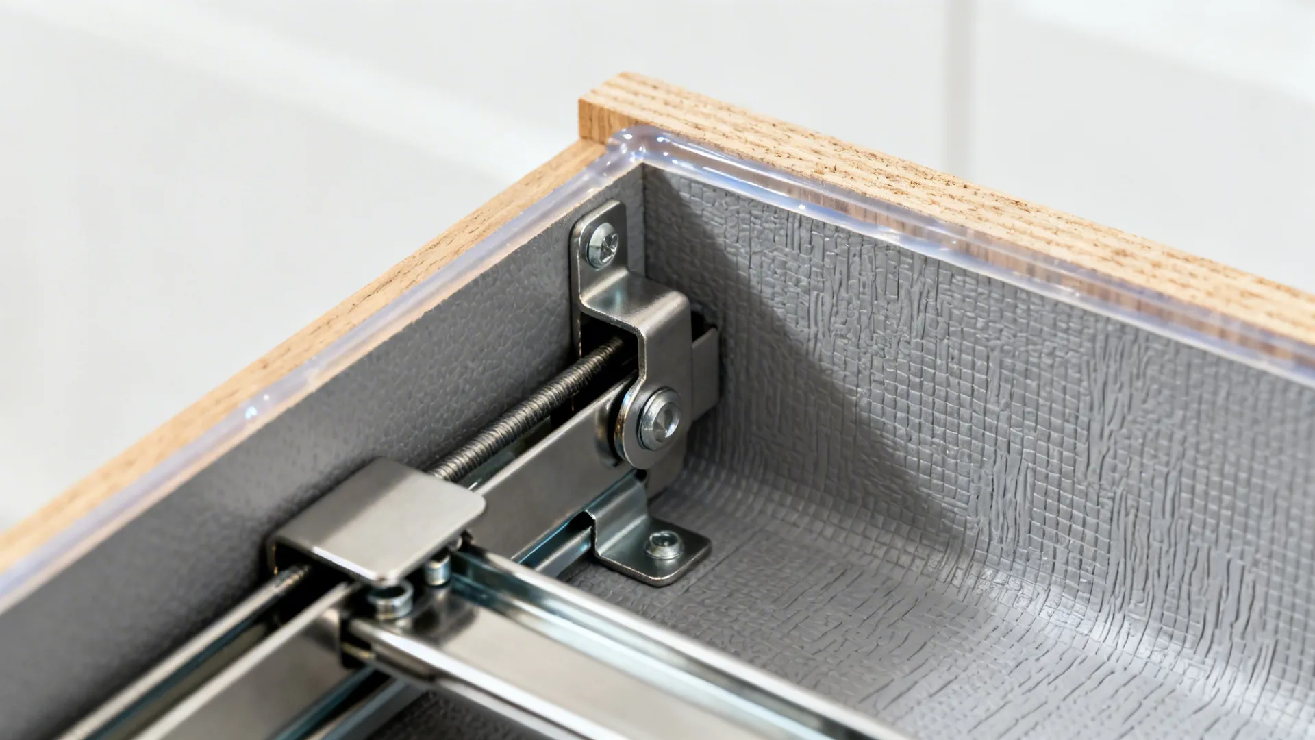 Close up view of metal drawer slide hardware installed inside a grey textured wooden storage drawer