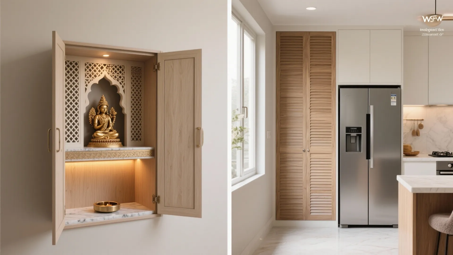 Slide-and-hide pooja cabinet shown open and closed, with jali ventilation and warm LED lighting.