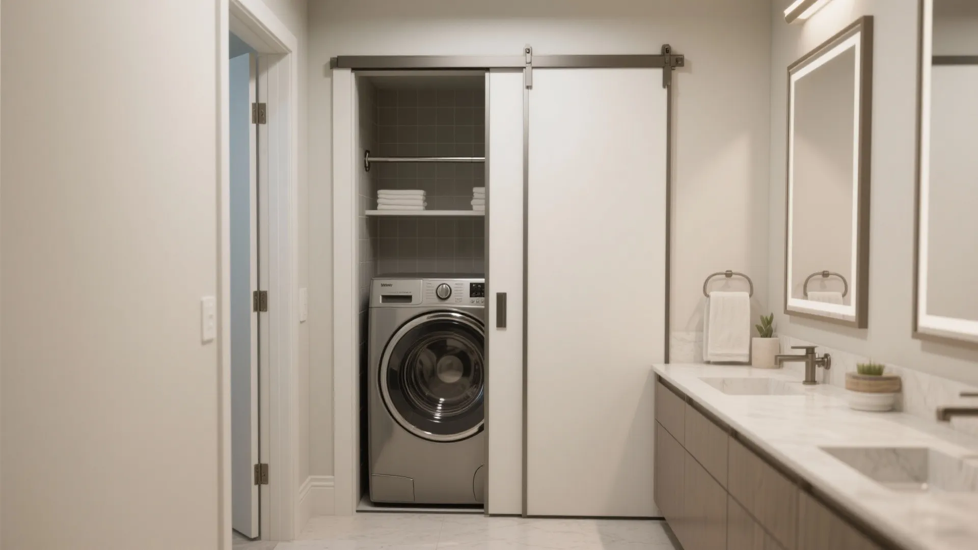 Slide-and-hide doors for laundry niche access