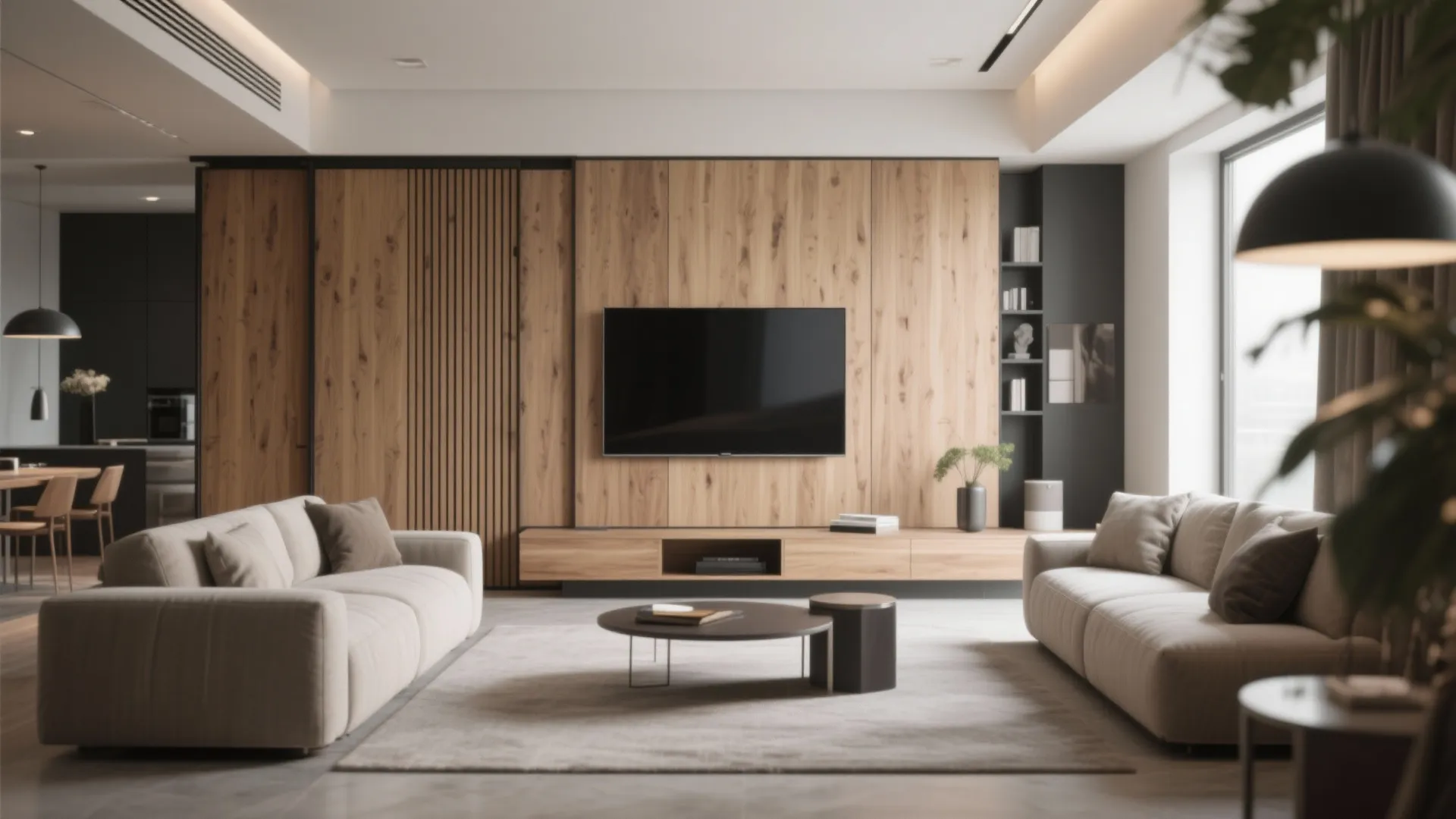 Modern living room with wood wall panels large television two beige sofas and round coffee table