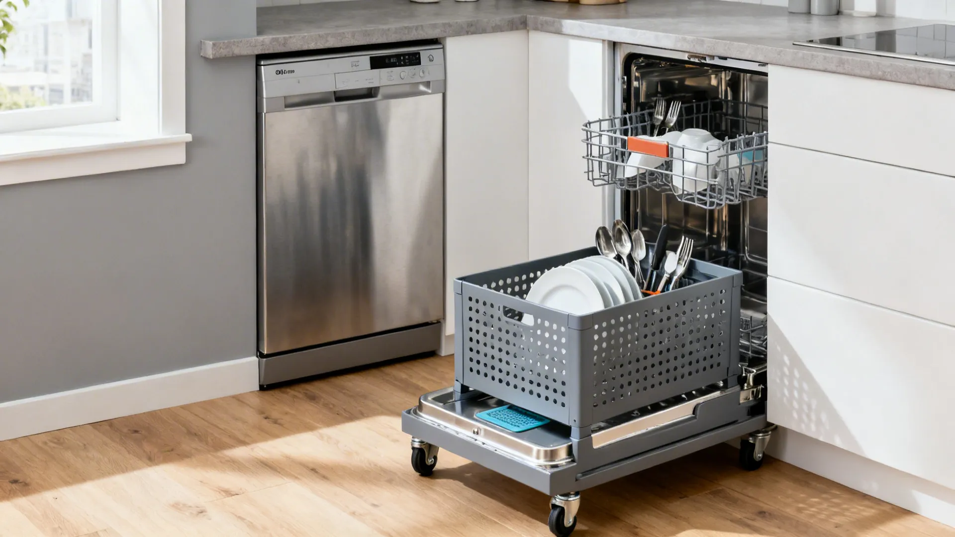 Slim ventilated dish caddy on casters tucked beside a dishwasher.