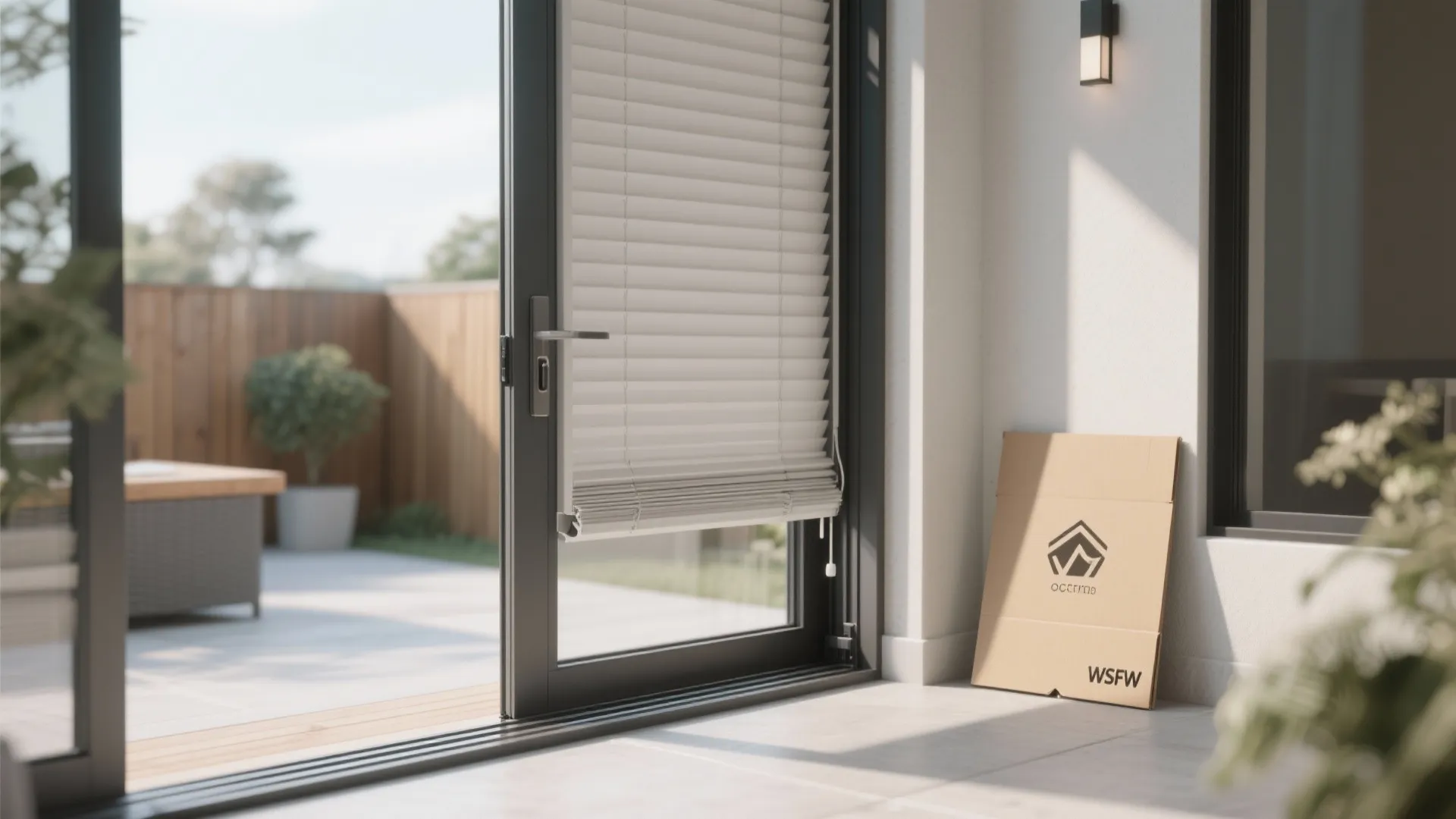 Narrow patio door with a slide-in panel installed in the track featuring a small flap cutout and a cardboard mockup nearby.