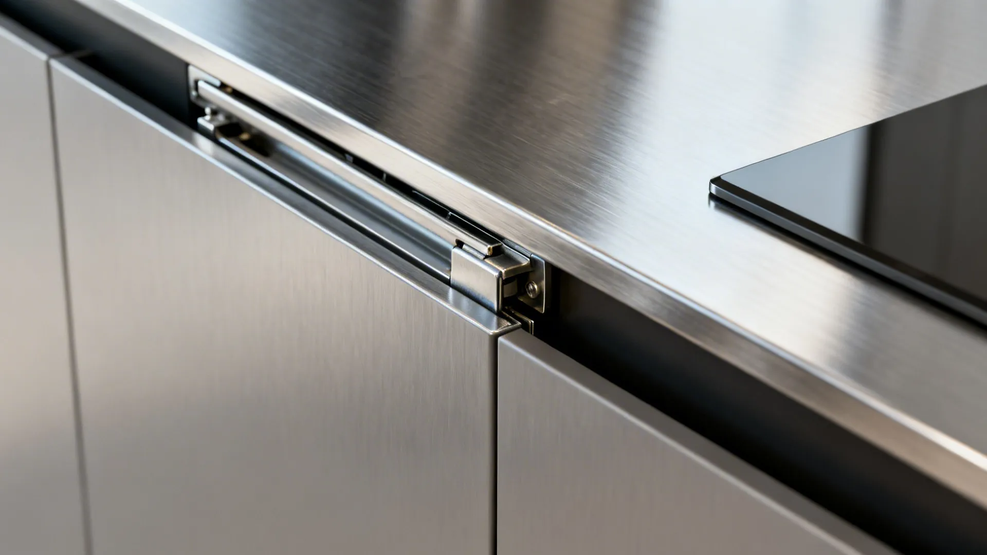 Close-up of a heavy-duty slide and sealed edge beneath a sliding kitchen worktop.
