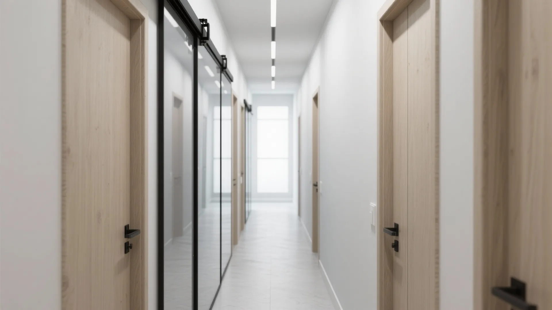 Long white hallway featuring multiple wooden doors and a large black framed sliding mirror door