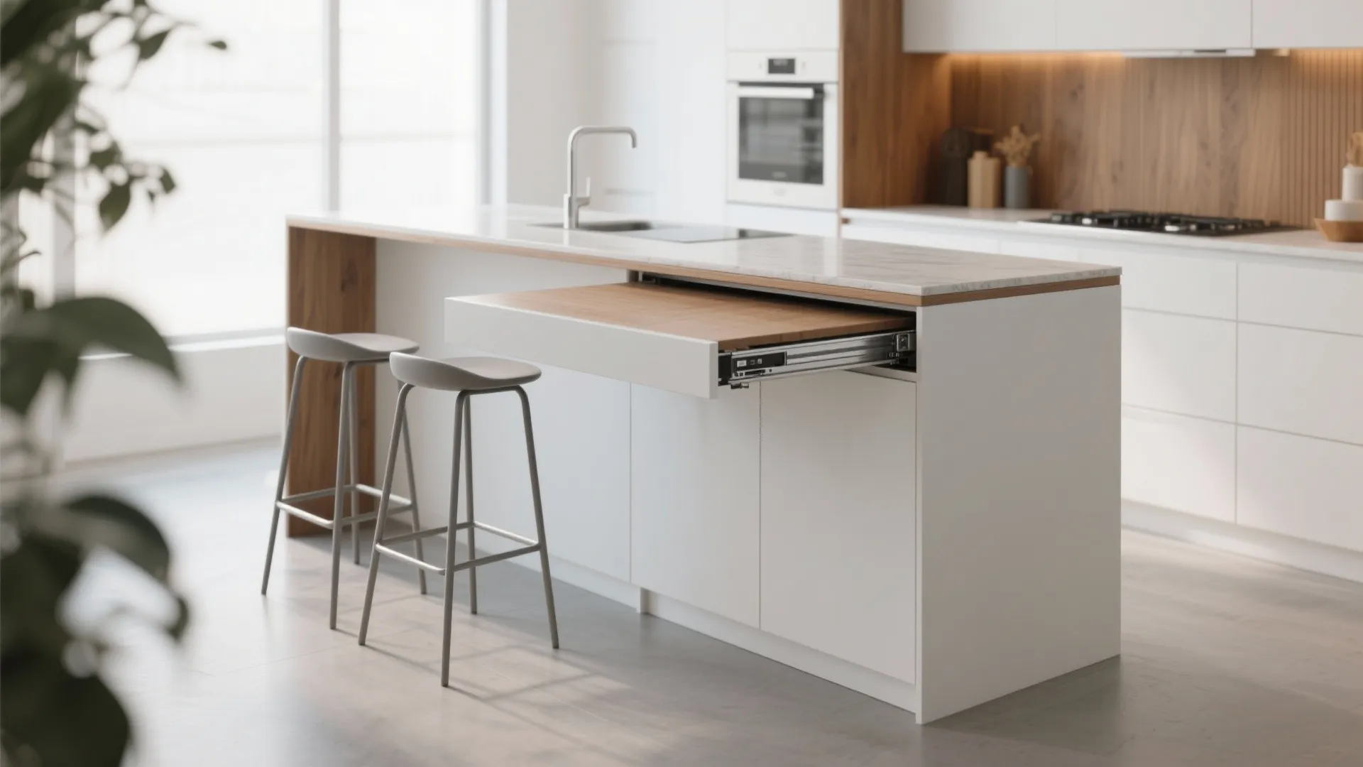 Kitchen island with a slide-out breakfast bar extended and stools ready.