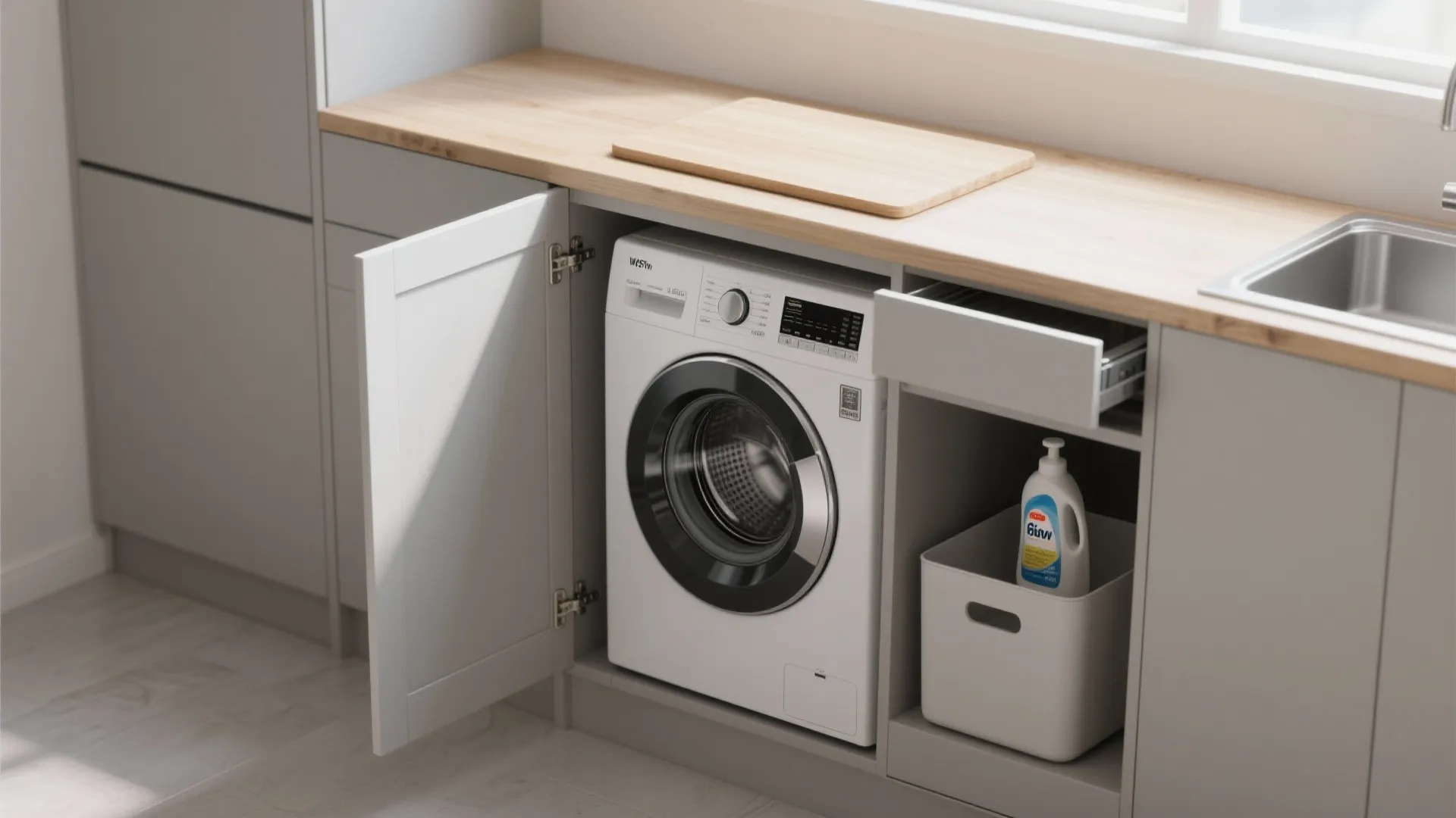 Slide-out laundry cabinet with a concealed front-load washer and slim folding counter in a modern setting.