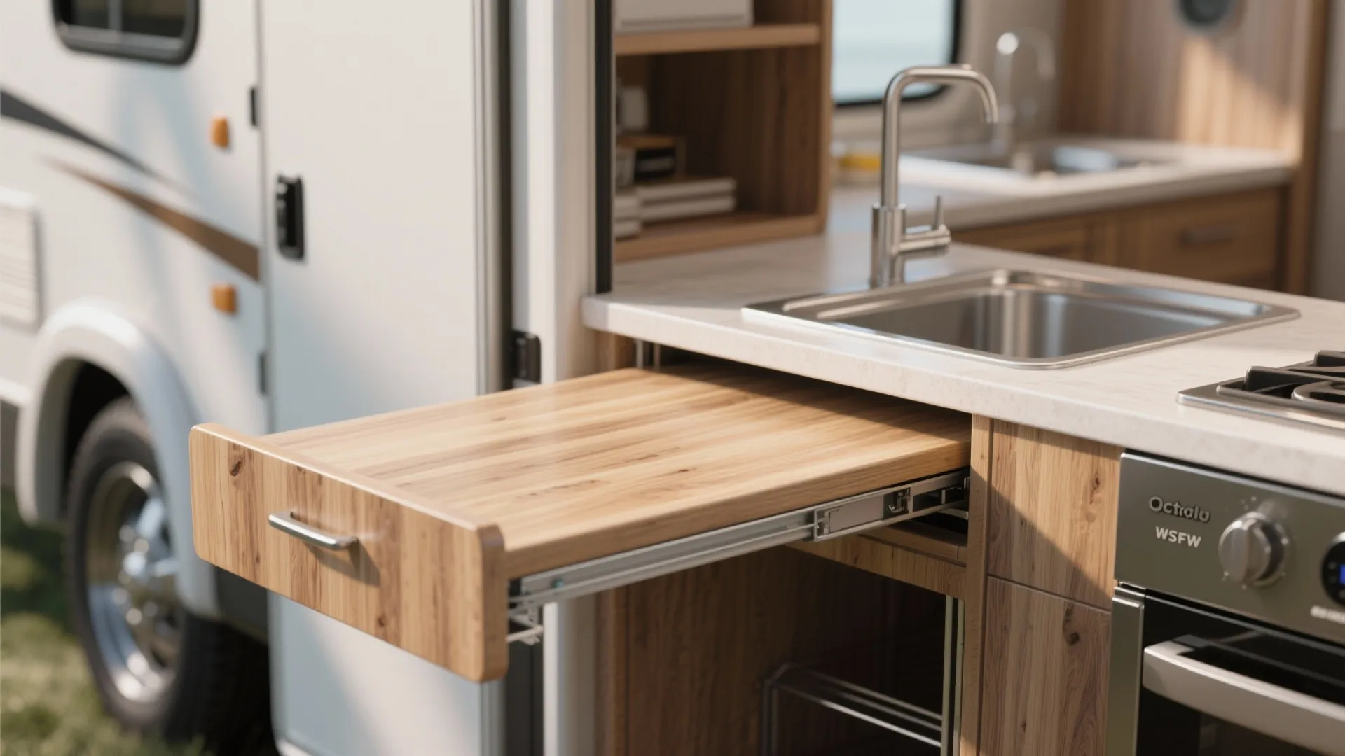 Wooden slide out counter extension in a small kitchen area with sink and stove burner