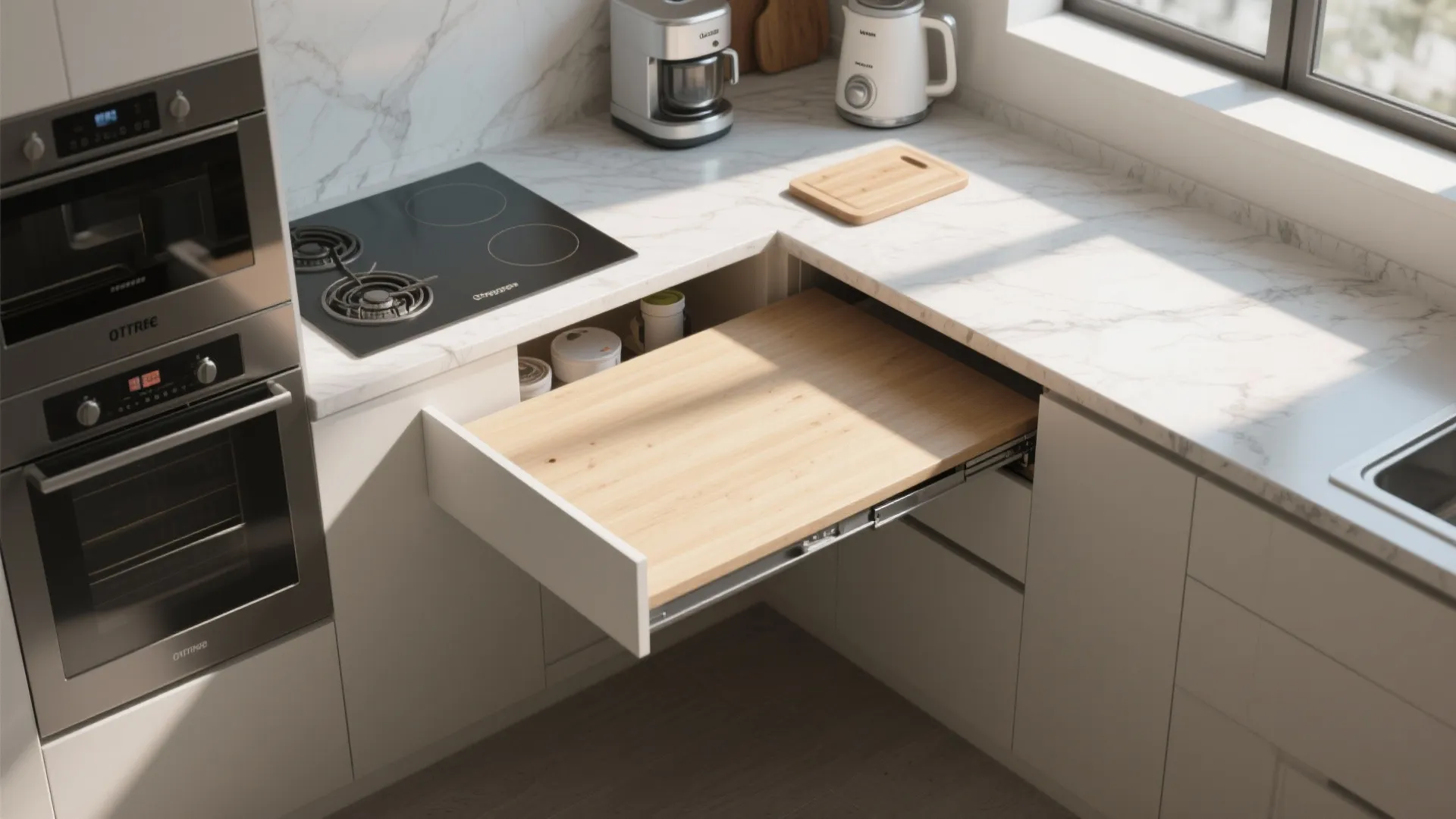 Modern kitchen with marble countertop featuring a wooden pull out cutting board and electric stove