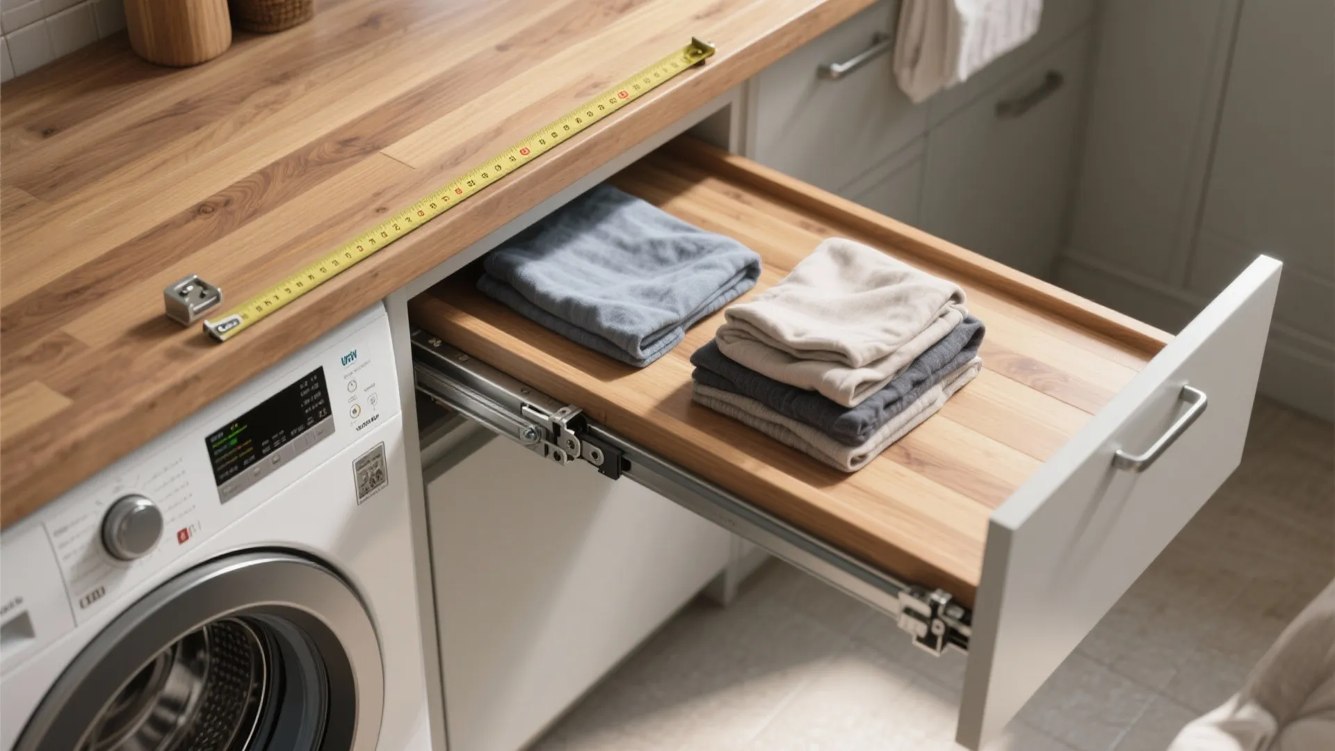 Pull out wooden drawer for folding clothes next to washing machine with yellow measuring tape on