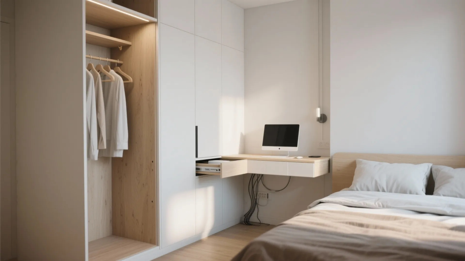 Modern bedroom with a white wardrobe containing a sliding desk, computer, bed, and wooden floor