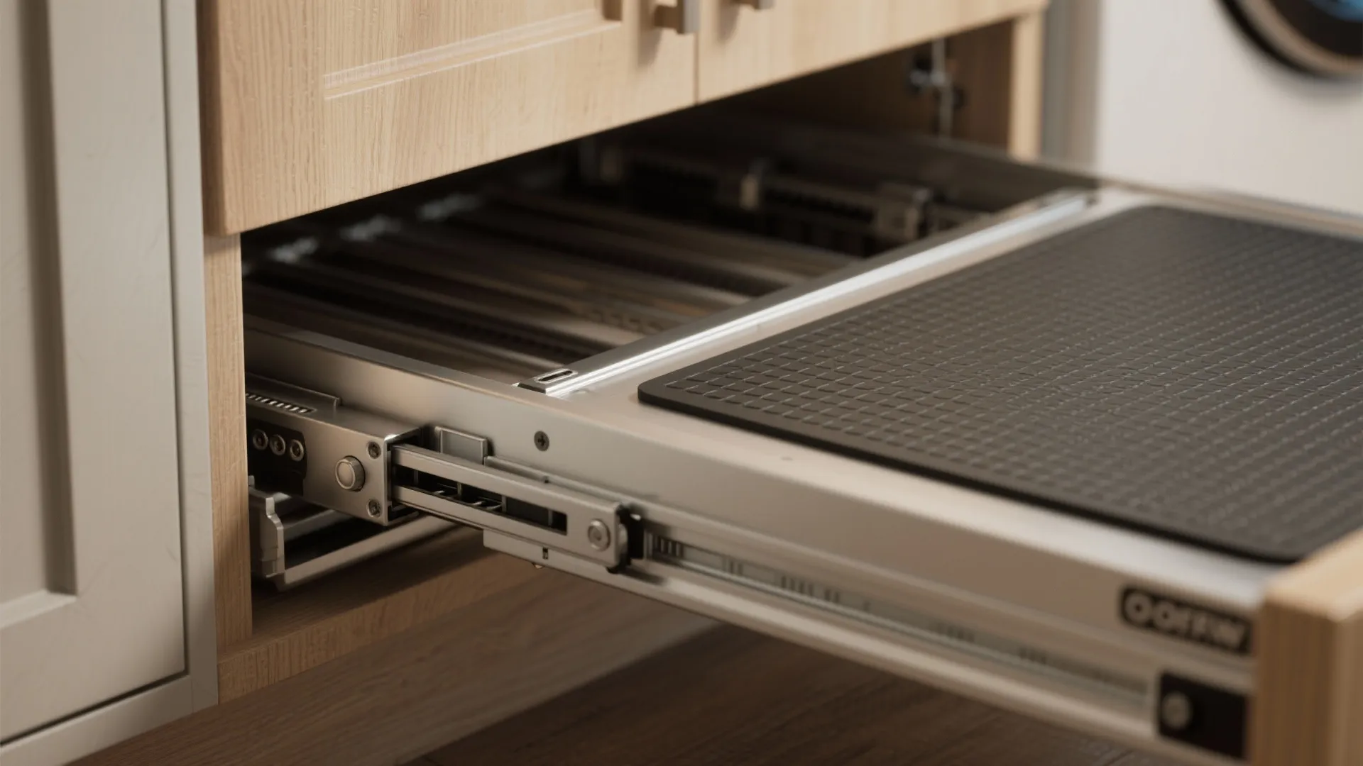 Detailed view of a metal slide out drawer with a black mat inside a cabinet
