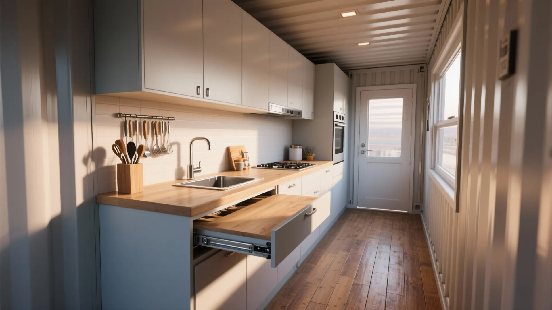 Narrow container kitchen with a half-extended slide-out island and compact workflow under soft daylight.