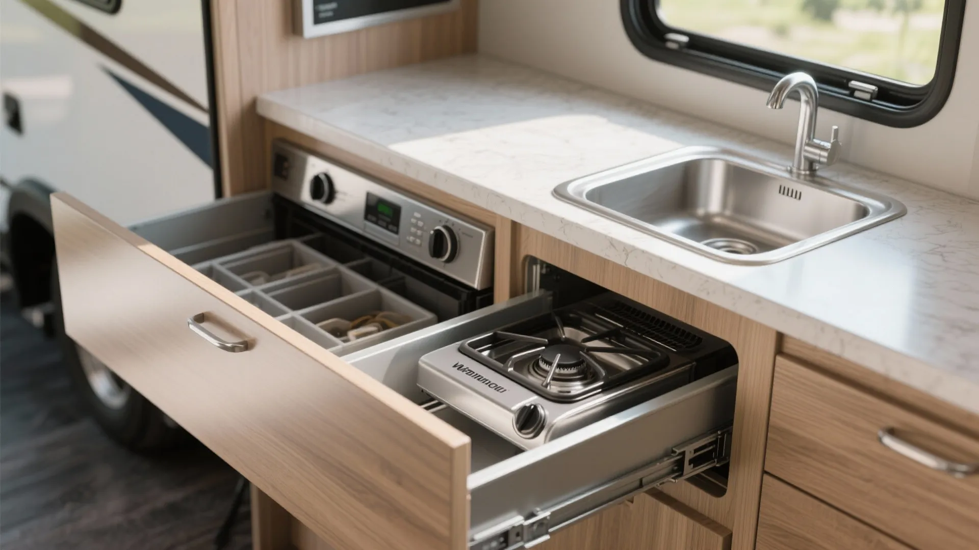 Small kitchen area inside a vehicle featuring wood cabinets and a slide out gas stove