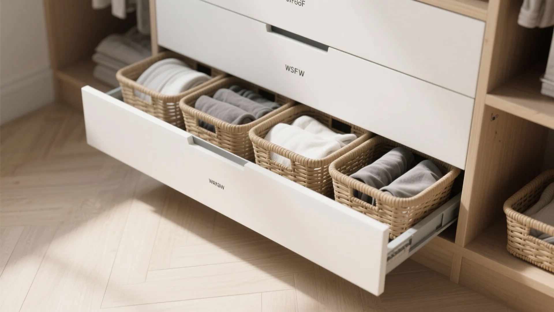 Top-down view of labeled slide-out laundry baskets built into cabinetry