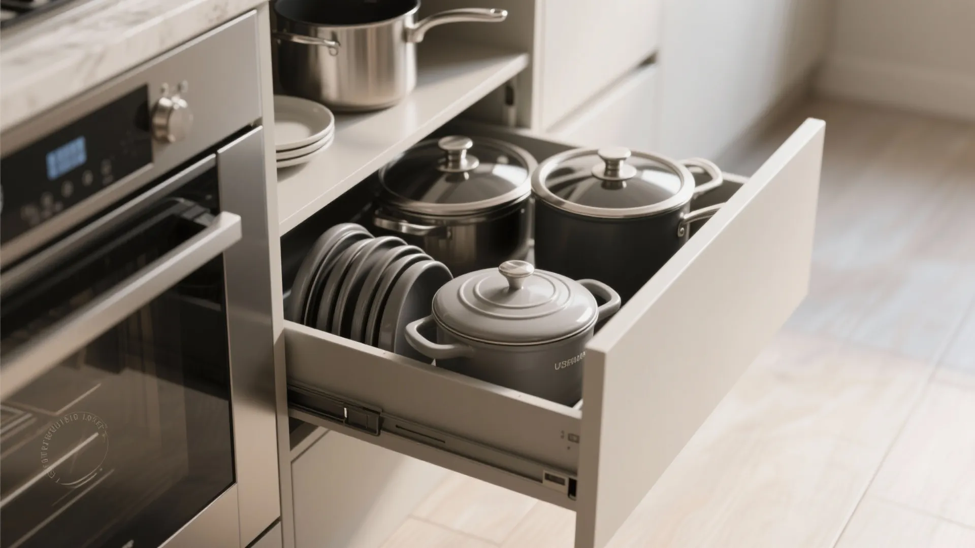 Open kitchen drawer filled with organized cooking pots glass lids and small grey plates inside