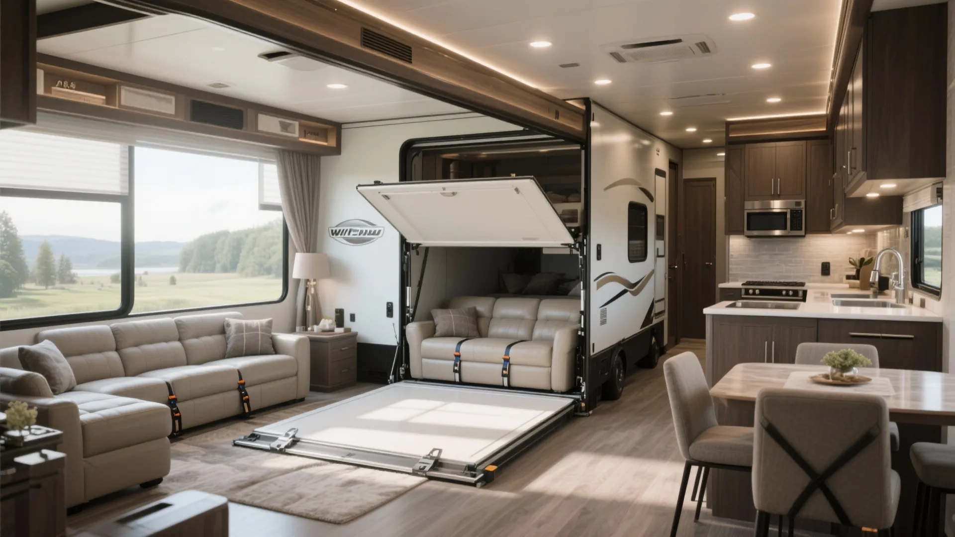 Spacious mobile home interior featuring slide out living area with sofa kitchen and dining table