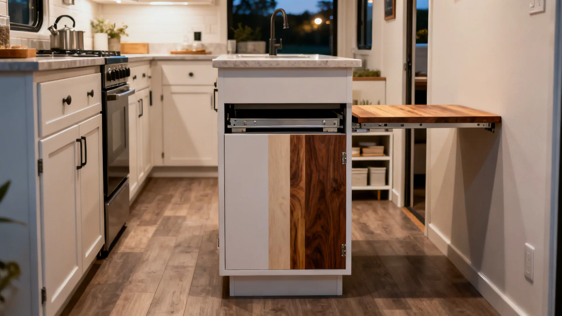 Peninsula hybrid island with a slide-out dining slab shown tucked and extended.