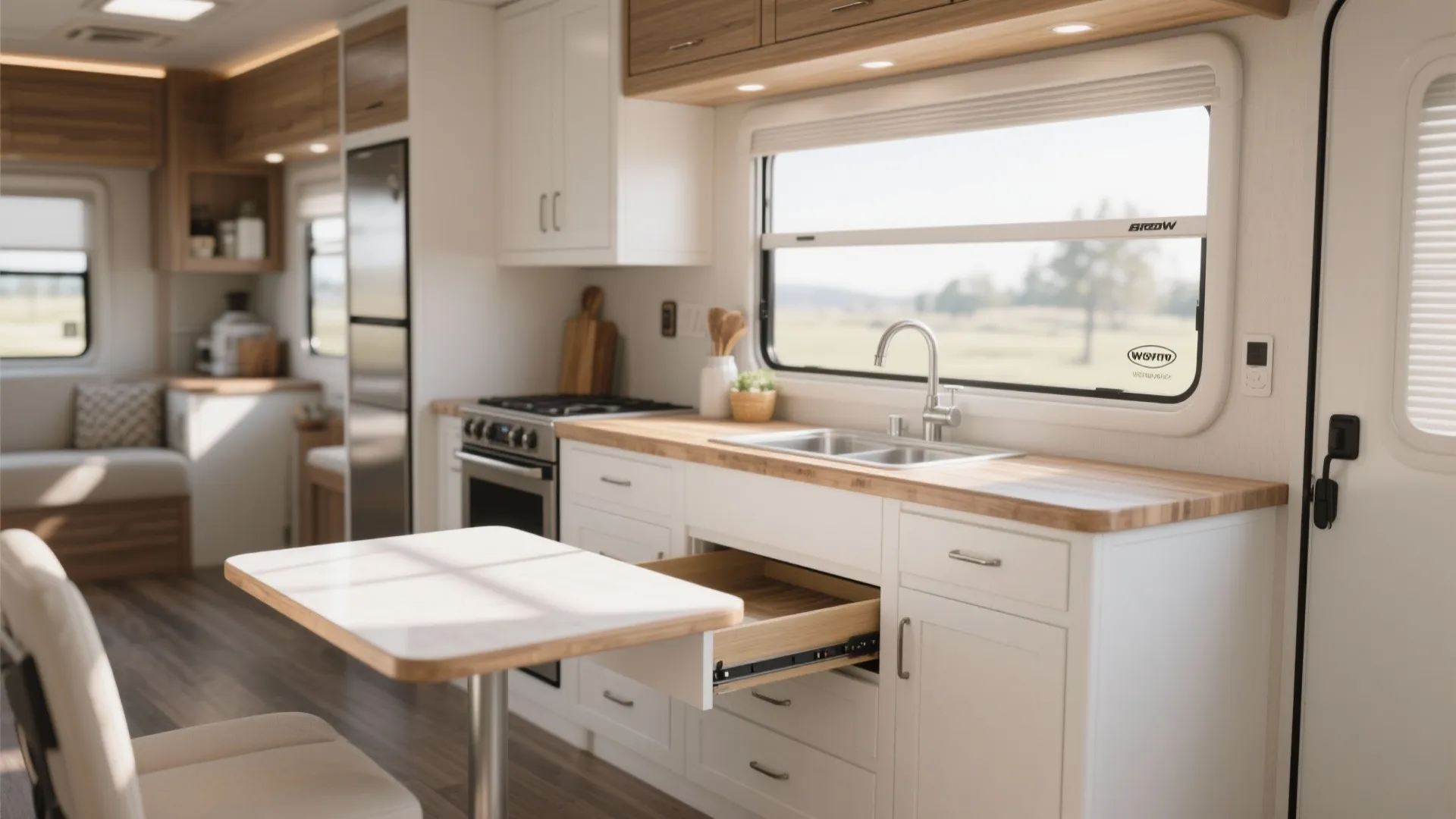 Modern white camper kitchen with a slide out table drawer and wood countertop near windows